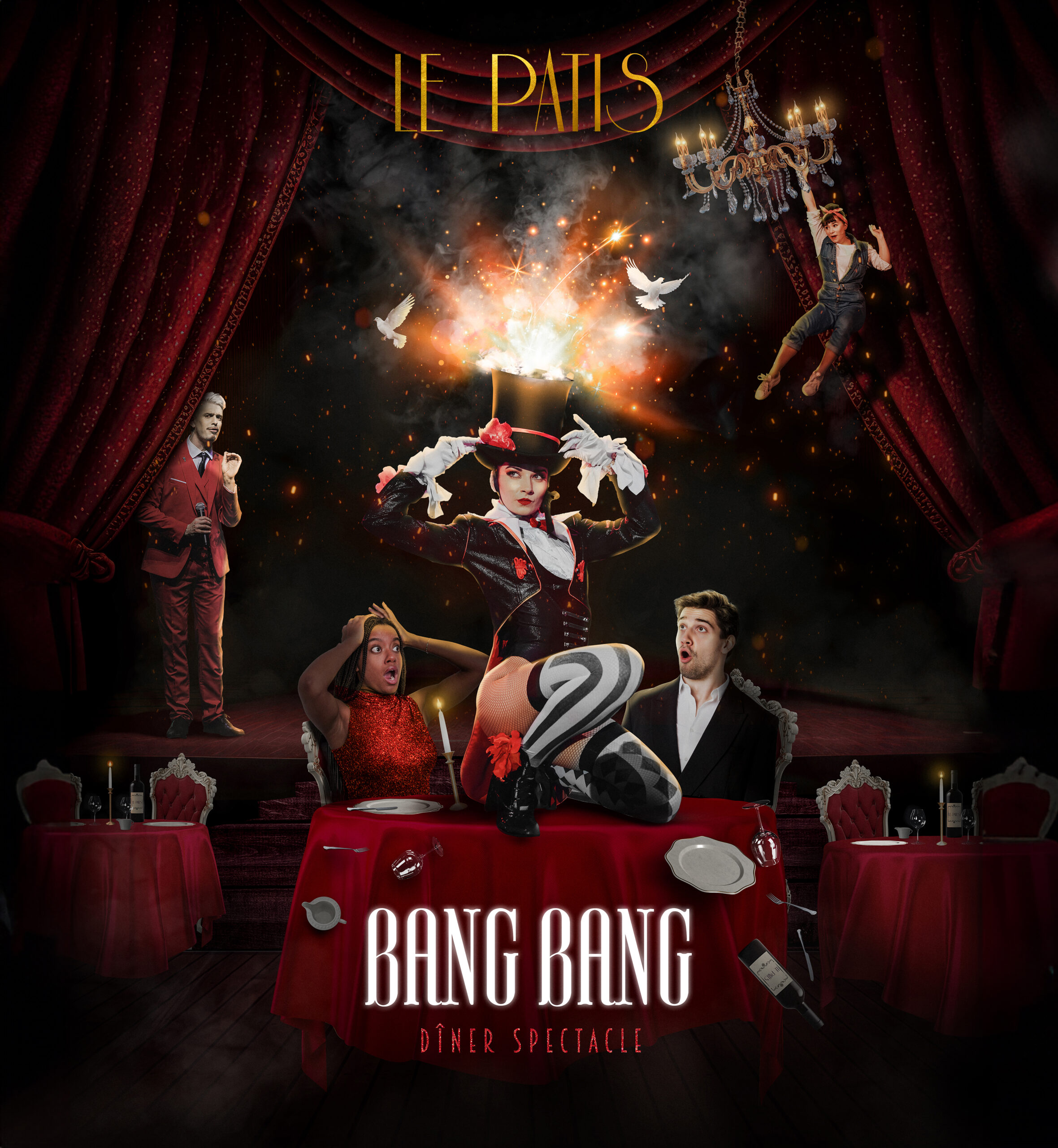 On peut voir l'affiche de Bang Bang, un spectacle disponible en Repas au Cabaret le Patis. 