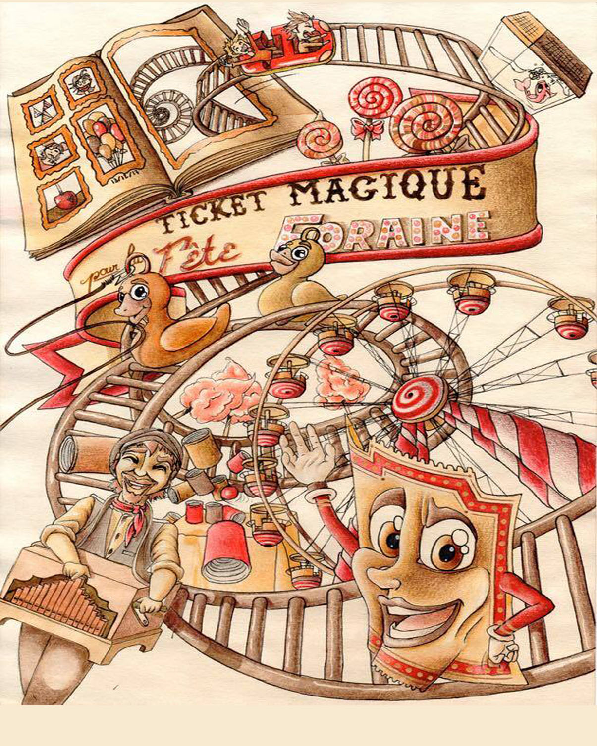 Affiche du spectacle Ticket Magique Fête Foraine. On y voit un dessin d'une fête foraine avec les canards du jeu pêche aux canards. On y aperçoit un homme et une carte humanisée. On peut y apercevoir également une grande roue en arrière plan. 